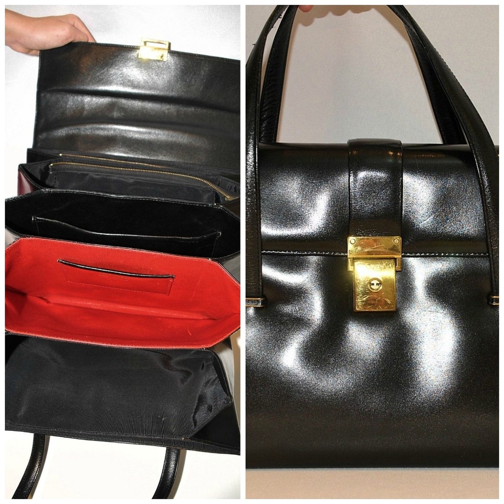 VTG Black Leather Handbag Purse Red Inside Pocket